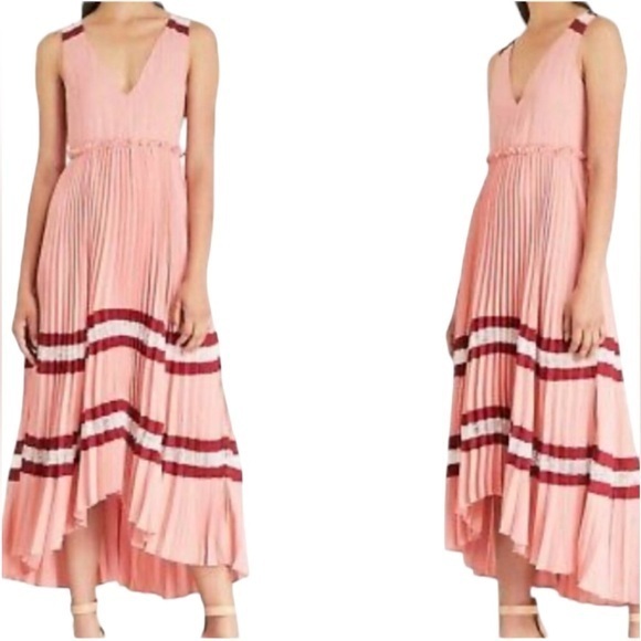 Maje Ritello Lace-trimmed Pleated Striped Crepe Midi Dress in Blush Size 1 US S - Picture 1 of 15